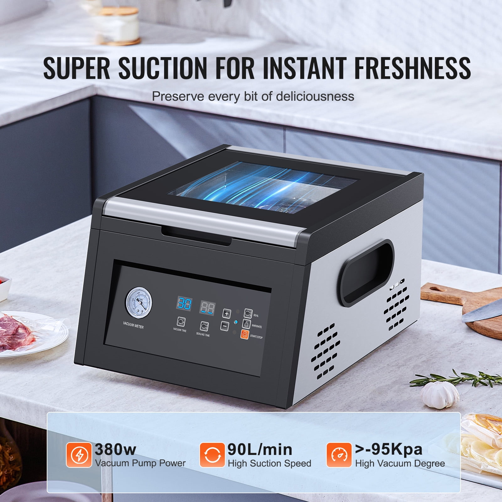 KFFKFF Chamber Vacuum Sealer, 380W Pump Power, Bag Sealing Machine for Moist Foods and Meat, Space-Saving Design with 11.5-Inch Seal Length, Suitable for Commercial and Home Applications