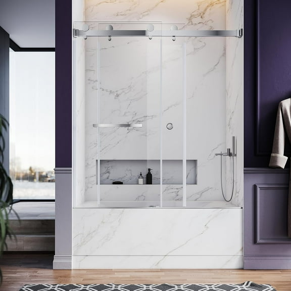 UKD01-Double Sliding Frameless Bathtub Doors - Fits 56"-60" Widths, 66" Height - 3/8" Tempered Glass - 5 Hardware Finishes - Brushed Nickel, Chrome, Matte Black, Satin Brass, Space Gray, MBL