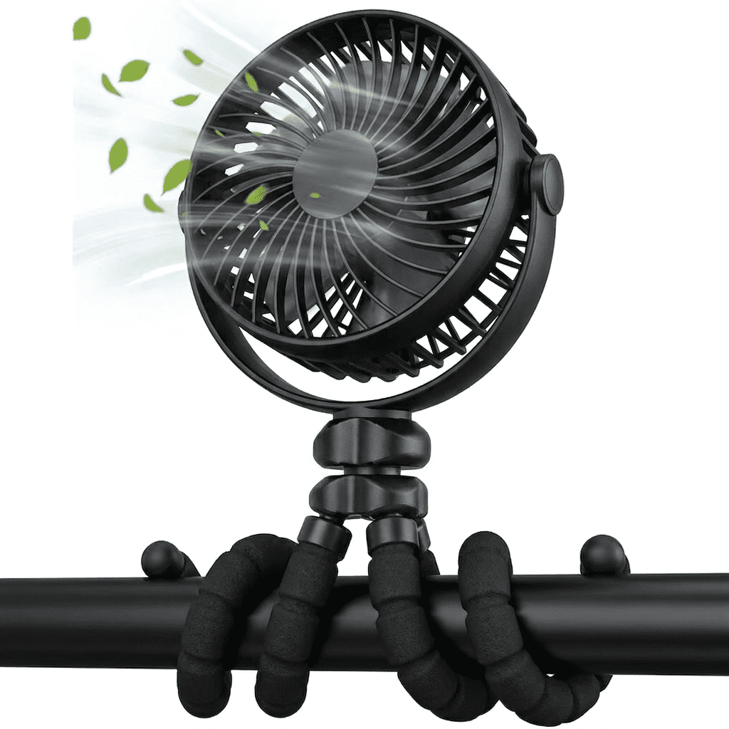 MOSENSE Portable Stroller Fan, 4-Speed Rechargeable Clip On Fan with Flexible Tripod, 360° Rotatable Detachable Battery Operated Quiet Cooling Fan for Car Seat, Crib, Treadmill, Black