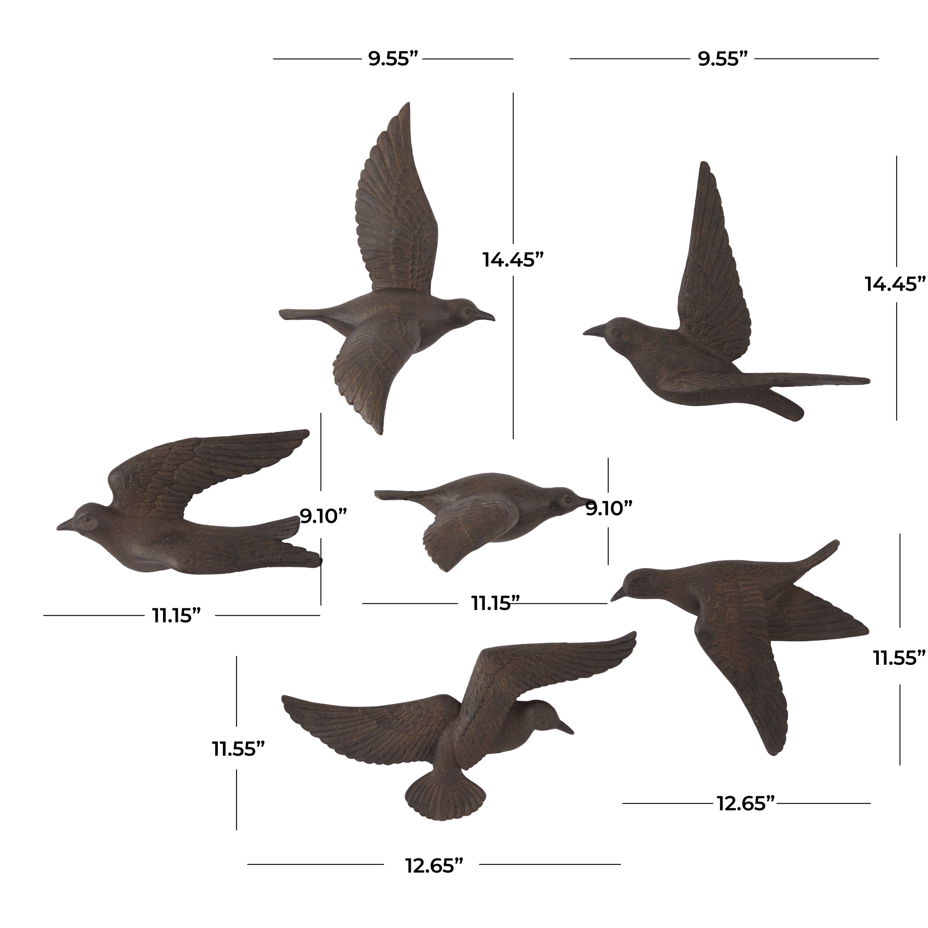 DecMode Brown Polystone Floating Bird Wall Decor (6 Count)