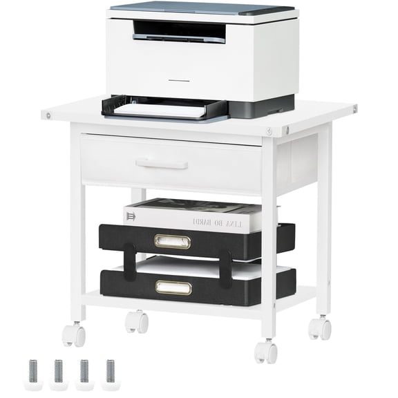 LELELINKY 2-Tier Under Desk Rolling Printer Stand with Drawer, Industrial Mobile Cart with Lockable Wheels for Home Office, White