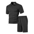 thumbnail image 3 of Men's Textured Short Sleeve Collared Shirt & Shorts Set Black S, 3 of 7