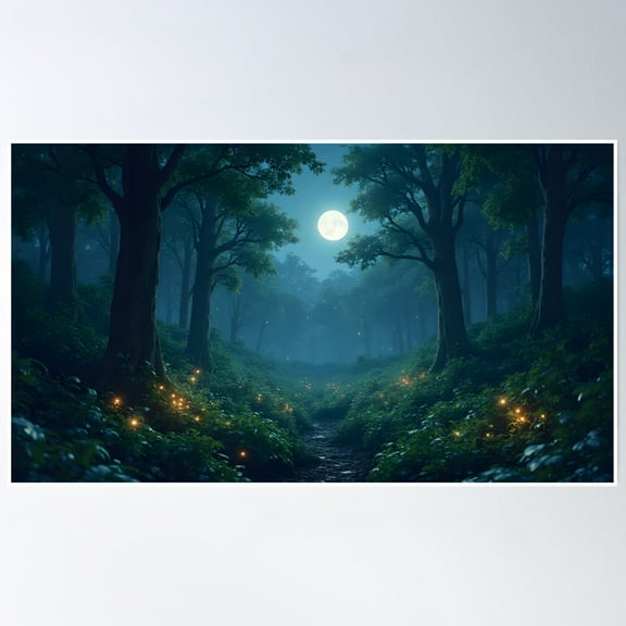 Moonlit Night Forest With Glowing Flowers Under The Dark Sky Poster Wall Art, Modern Wall Decor, 8x12 UNFRAMED