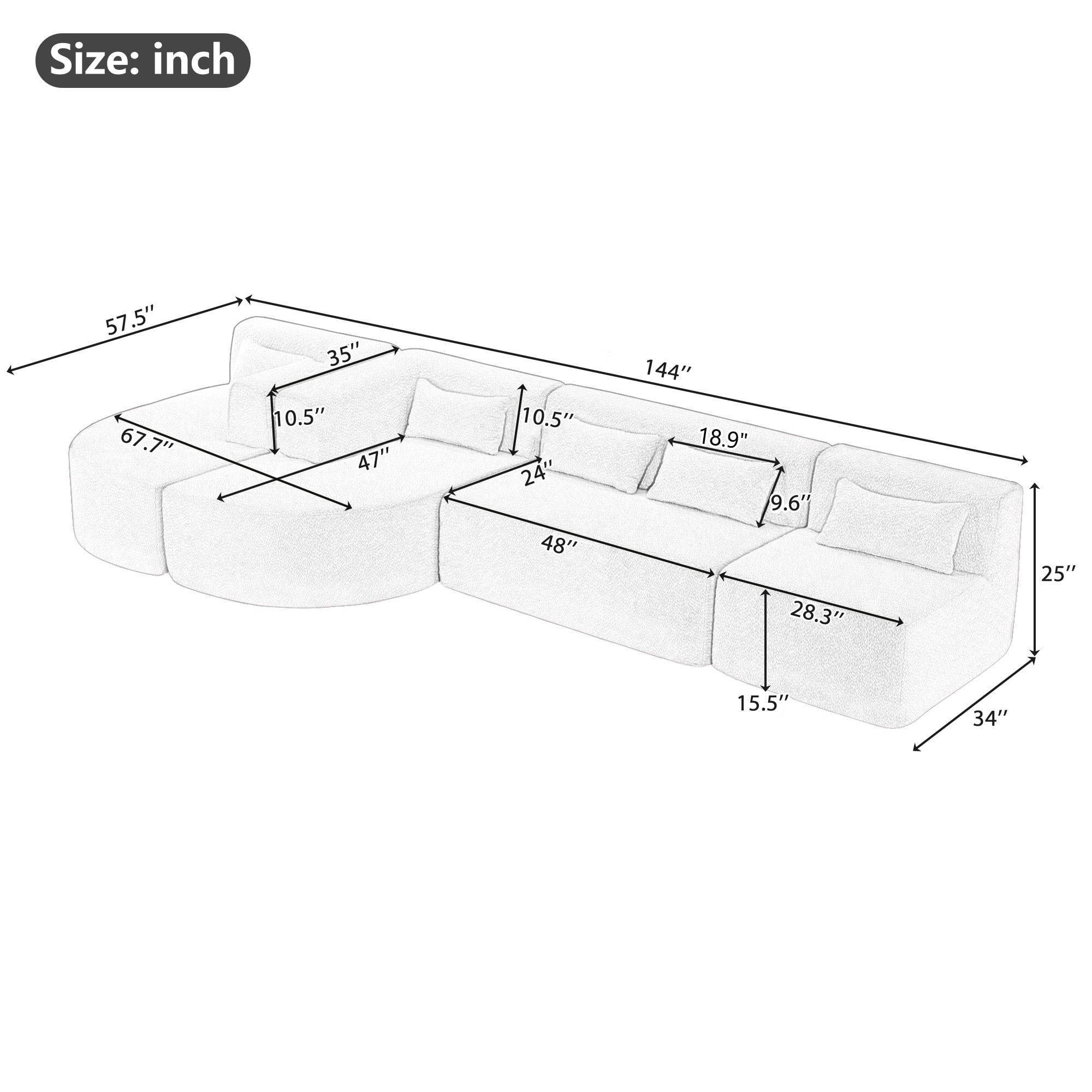 Euroco 144" Upholstered Sofa Free-combined Sofa Couch with Two Chaise Lounge and Five Back Pillows for Living Room, Beige