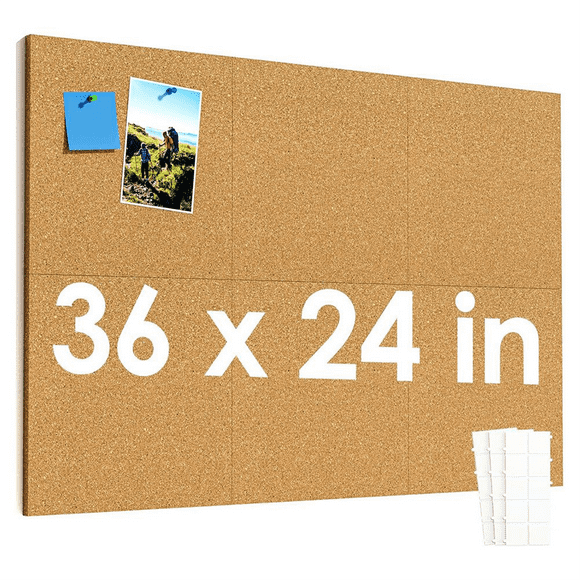 12inch X 12inch Cork Tiles, 6 Pack Cork Boards for Wall with Safe Removable Adhesive Tabs, Large Cork Bulletin Boards