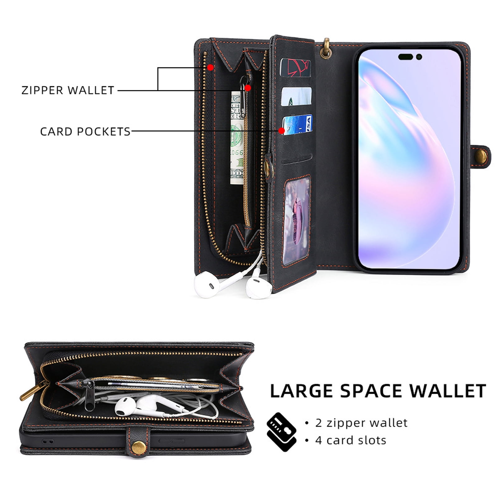for iPhone 14 Pro Max Wallet Case, Durable PU Leather 2-in-1 Detachable Magnetic Flip Phone Case for iPhone 14 Pro Max Case Wallet with Card Holder Slots Zipper Pouch for Women Men,Black