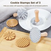 Cookie Stamps Set of 3, Metal Cookie Press Cutters with Wooden Handles, 3.1” Biscuit Pressing Molds, Zinc Alloy Cookie Embossers, Decorating Supplies for Cake, Pastry, DIY Baking