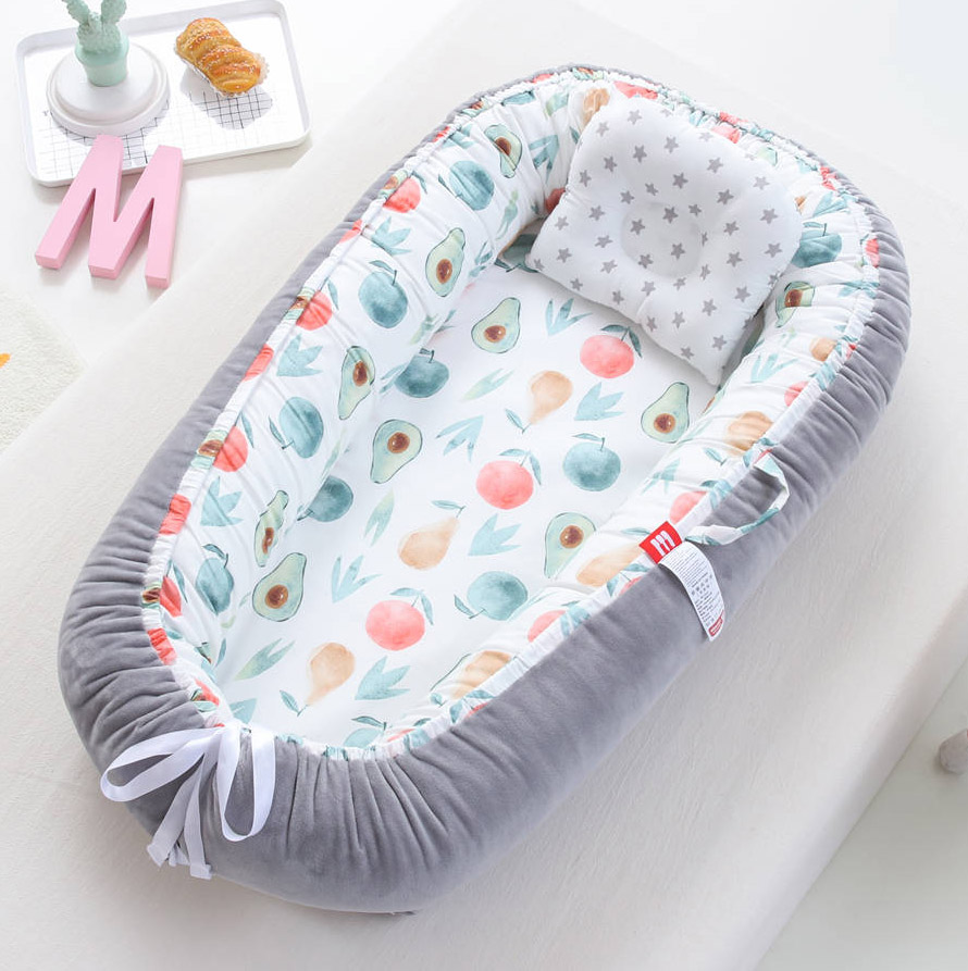 Baby Lounger Pillow with Replaceable Bubble Velvet, 100 Cotton Breathable Grey Fruits