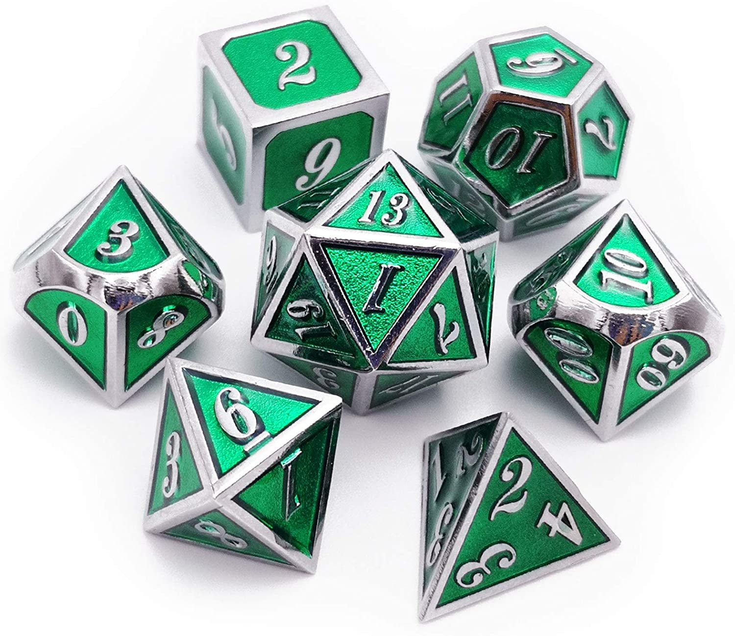 Details about   7Pcs Polyhedral Metal Dice for RPG Role Playing Tabletop Game Black Edge Green