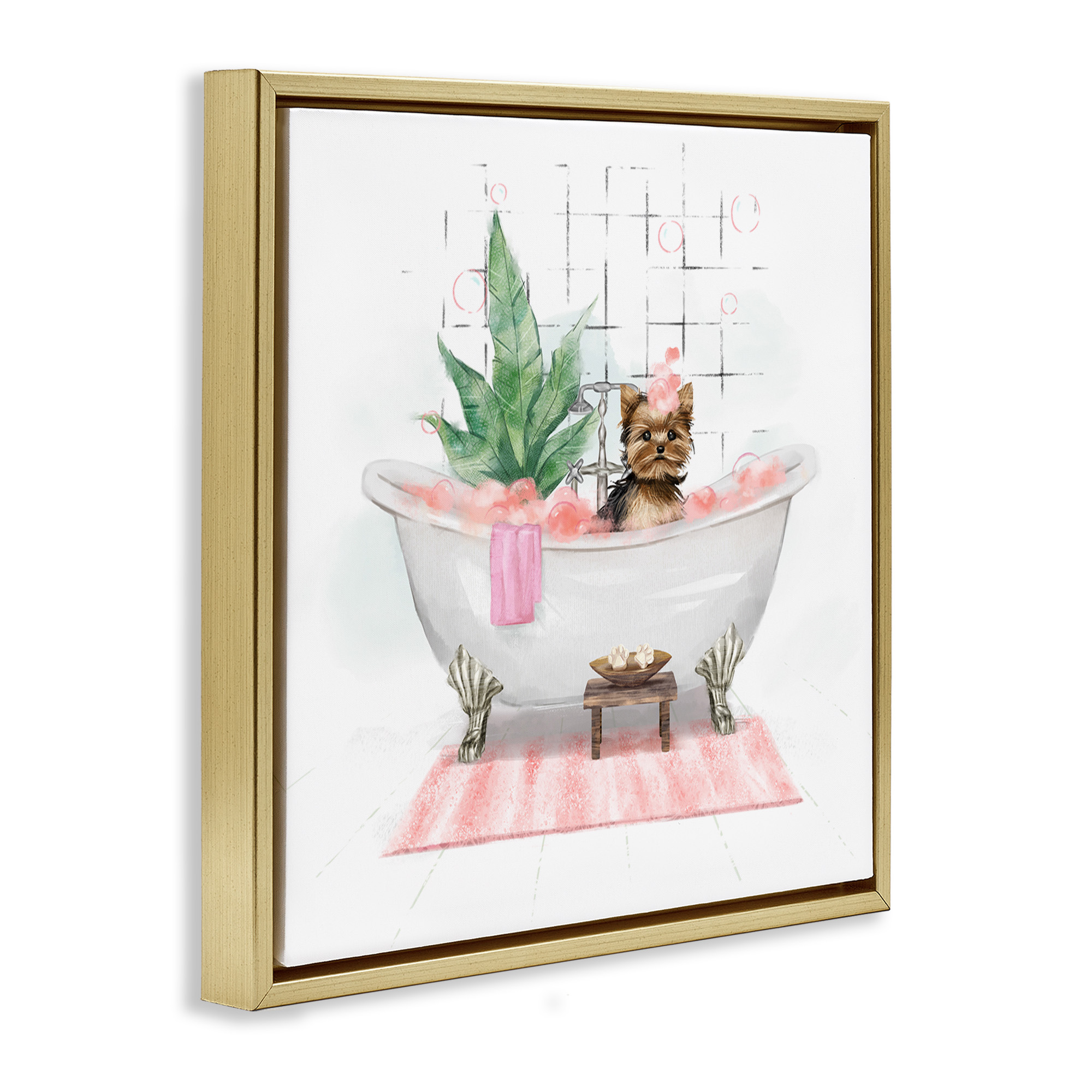 Stupell Industries Chic Yorkie Dog in Bubble Bath Animals & Insects Painting Gold Floater Framed Canvas Art Print Wall Art, 25 x 25