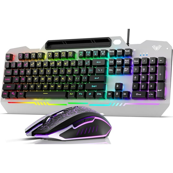 T102 104 Keys Gaming Keyboard and Mouse Combo with RGB Backlit Number Pad, All-Metal Panel Waterproof Light Up PC Keyboard