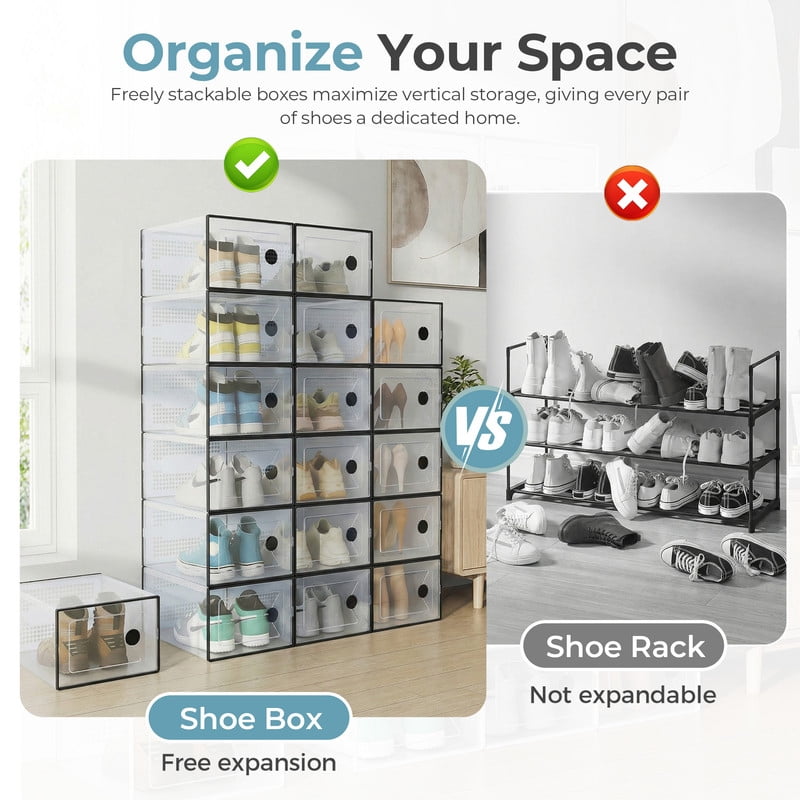 Gianna 12 Pack Stackable Shoe Box , Plastic Storage Organizer for Closet Hallway Bedroom, Holds Shoes up to US Size 11，Black