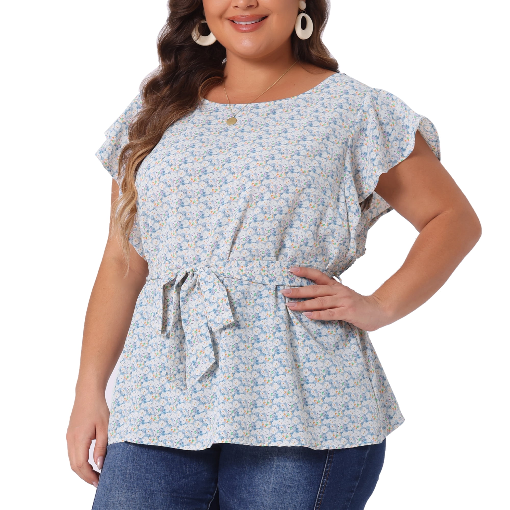DARING DIVA Women's Plus Floral Tie Waist Flare Sleeve Top 4X Blue