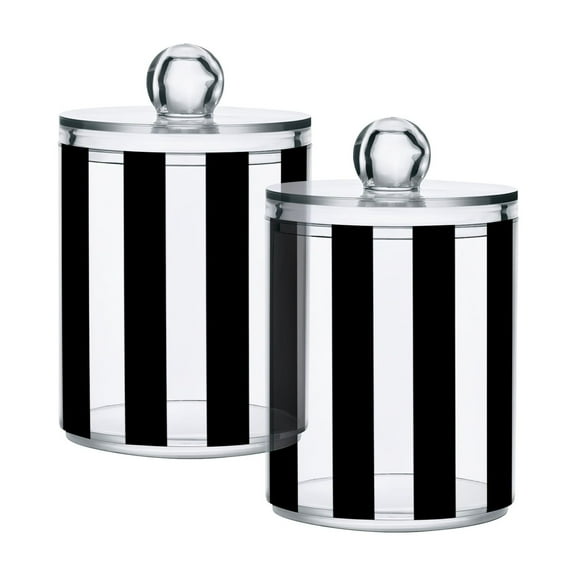 Ryvnso 2 Pack Qtip Holder Organizer White and Black Stripe Pattern Bathroom Cotton Swabs Cans Storage Canister