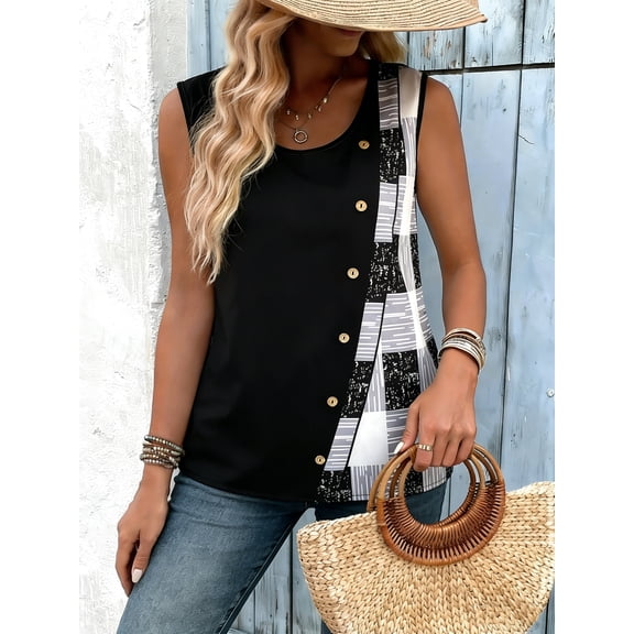 Nyfairy Plus Size Women Plaid & Geometric Patchwork Sleeveless Button Detail Casual Tank Top