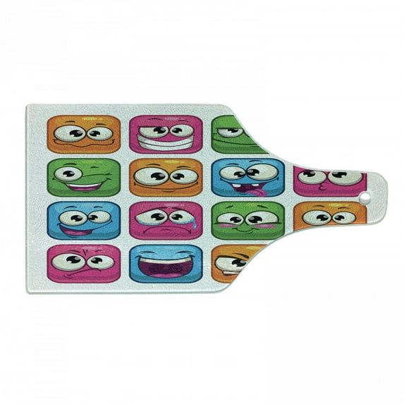 Funny Cutting Board, Digital Square Cartoon Style Smiling Face Expression Monster Comic Avatar, Decorative Tempered Glass Cutting and Serving Board, Wine Bottle Shape, Multicolor, by Ambesonne
