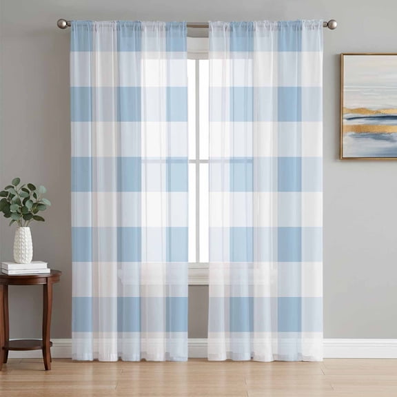 Blue Checkered Semi Sheer Window Curtains 96 Inches Long, Blue White Buffalo Plaid Rod Pocket Voile Silky Chiffon Curtain Light Filtering Drapes for Living Room, Kitchen, Bedroom, 52"x96", 2 Panels