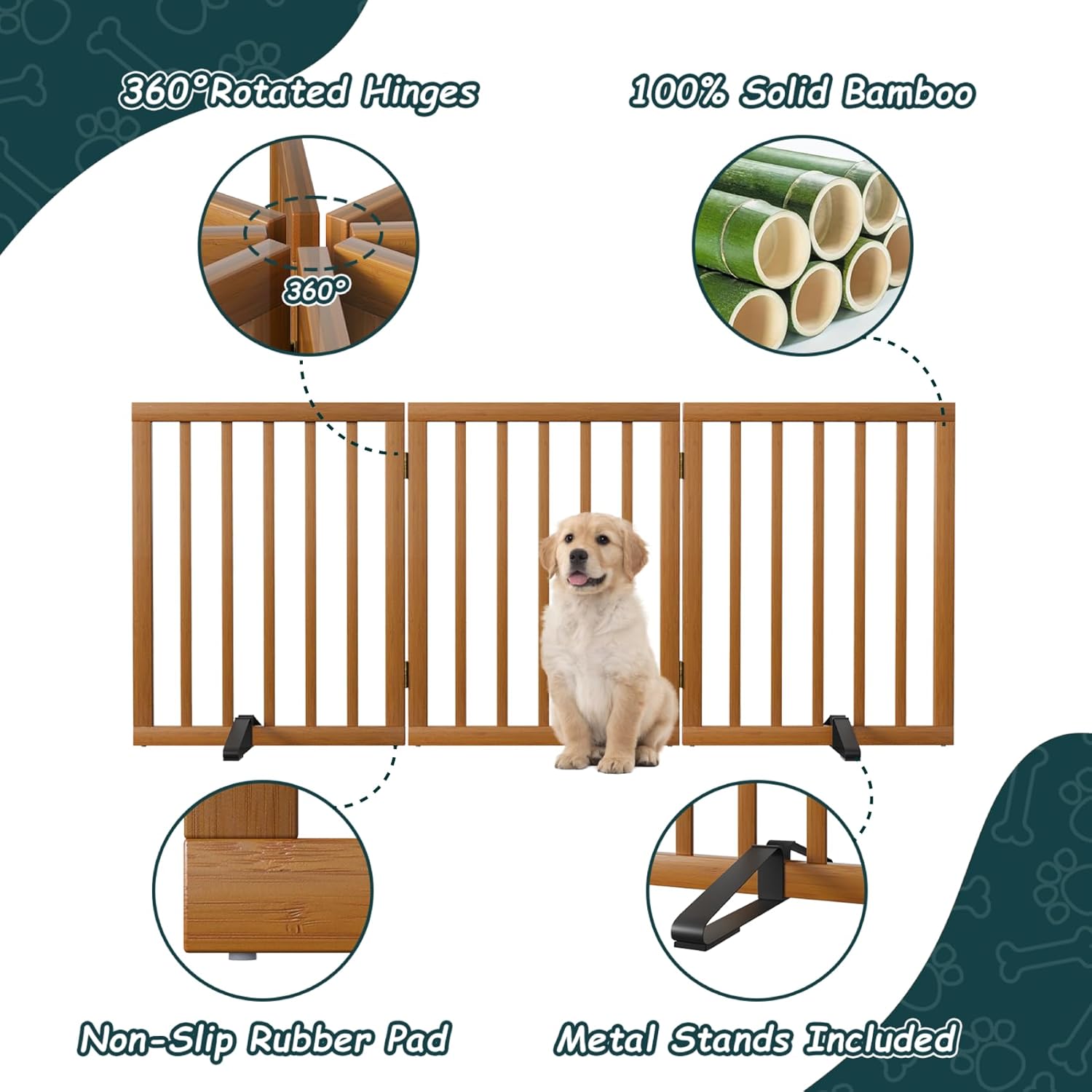 Semiocthome Freestanding Dog Gate 24“Tall, Walnut Foldable Dog Gates for Doorways Stairs Indoor, Wooden 3 Panels Pet Gates for Dogs with 2 Metals Stands, Fully Assembled Door Gates Fences