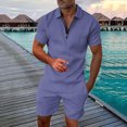 thumbnail image 2 of 2 Piece Short Sets for Men Summer Beach Outfits Striped Texture Zipper Shirts & Shorts Casual Vacation Set, 2 of 5