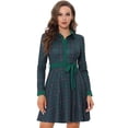 thumbnail image 1 of Vestido camisero a cuadros con cuello de punto en contraste y manga larga acampanada para mujer Verde L, 1 of 5