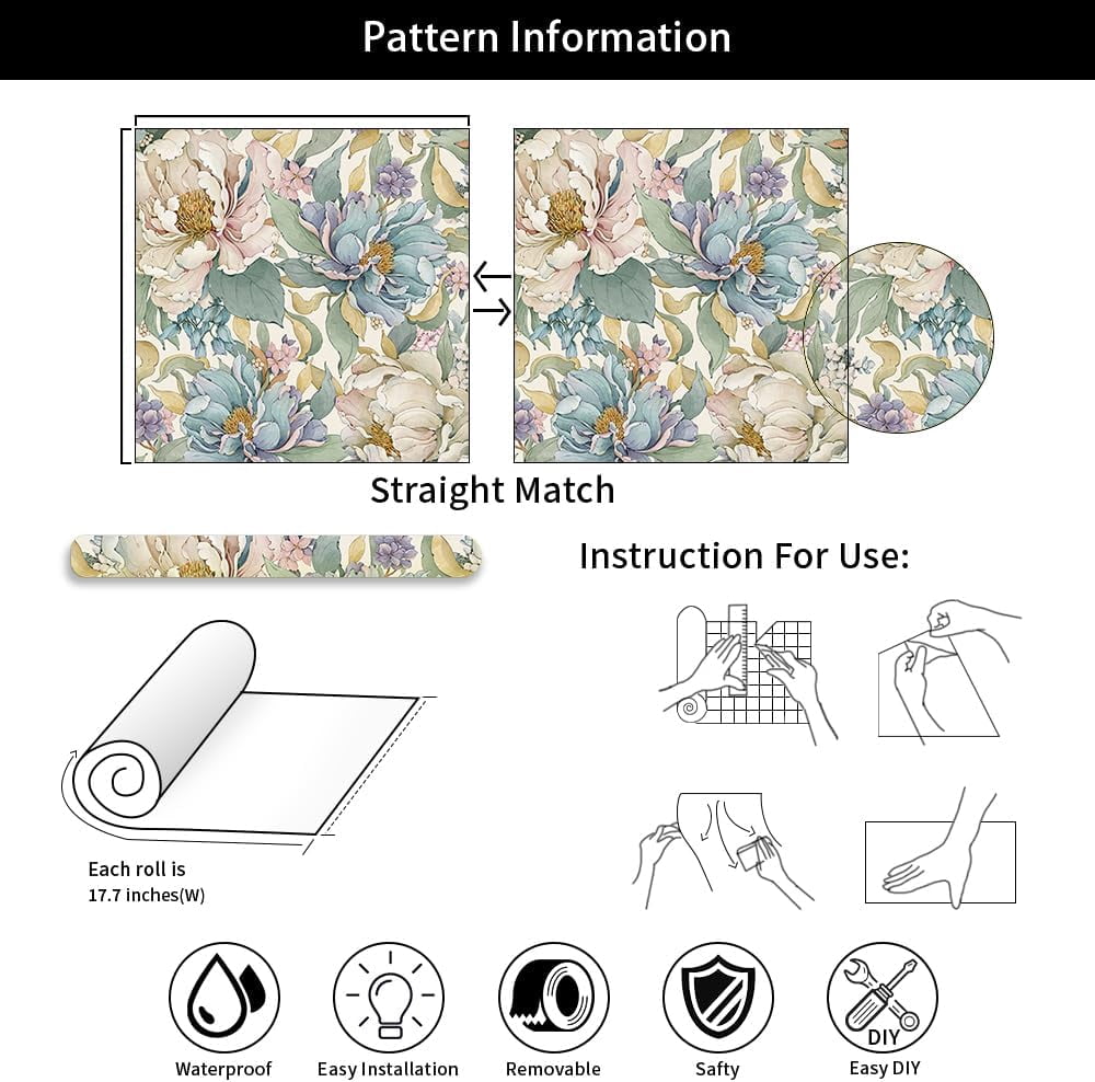 Dreamy Peonies Floral Vintage Roses Beige/Olive Peel and Stick Wallpaper Self Adhesive Removable Easy Peel Off Contact Paper Stick on Wall Paper for Bedroom/Renter