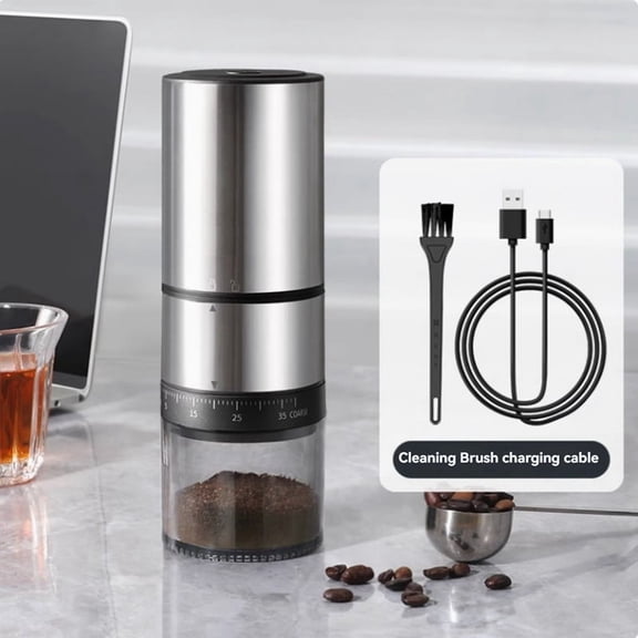 TOP! Portable Coffee Grinder Electric Burr for Traveling Camping with 38 Adjustable Grind Settings Silver