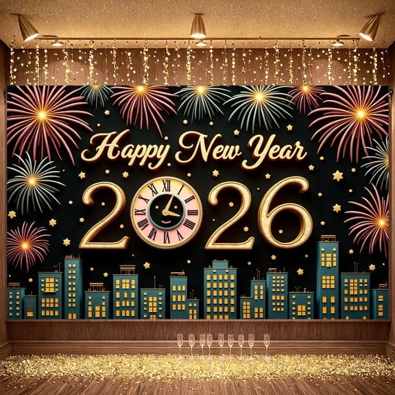 Golden Letter Happy New Year Banner Fireworks Design 2026 Banner Star Pattern Clock Holiday Banner for New Year Party Indoor Celebration New Year Eve