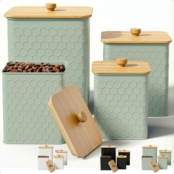 Kitchen Canisters for Countertop Set of 4 - Textured Iron Kitchen Canisters with Airtight Lids - Flour Sugar Canister Set - Flour and Sugar Containers Farmhouse -Coffee Jar for Counter - Green Jar x4