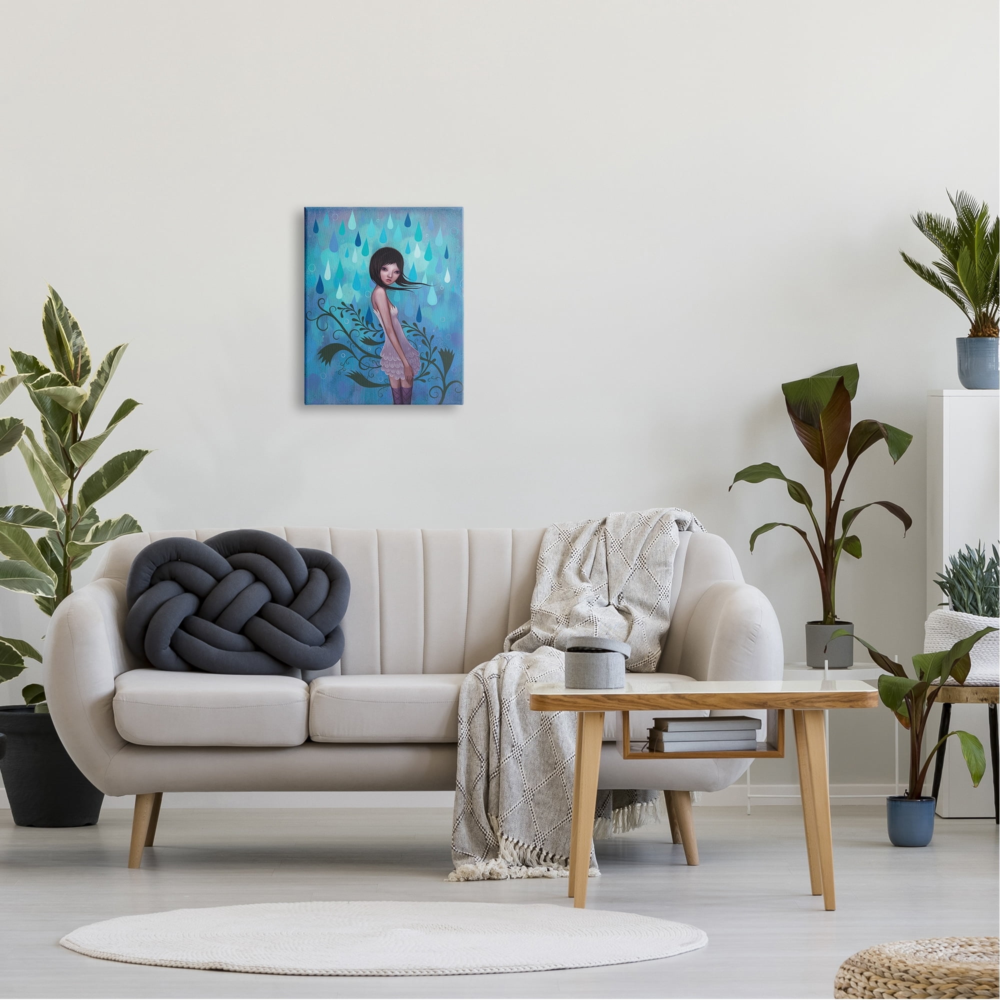 Stupell Industries Woman White Dress Falling Blue Raindrops Botanical Motif Canvas Wall Art, 16 x 20, Design by Barry Kite