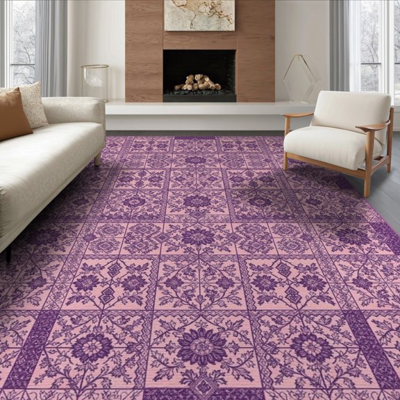 ODIKA 8'x10' Washable Area Rug Non-Shedding, Easy Care, Checkered Purple Inspired Boho Charm Bold Checkerboard Grid Pink Flowing Dynamic for King Size Bedroom Under Bed, Master Suite