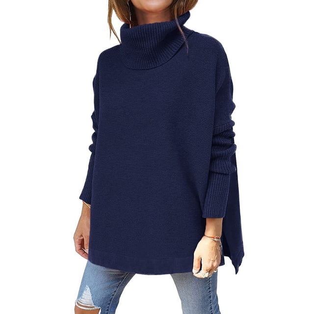 Suéter azul real de poliéster transpirable de gran tamaño para mujer - Suéter de cuello alto con alas de murciélago XL