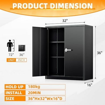 INTERGREAT Metal Storage Cabinet with Locking Doors, Lockable Cabinet with 2 Doors and Shelves, Black Cabinet with Lock, Small Steel Cabinet for Office, Garage, Home, Shop