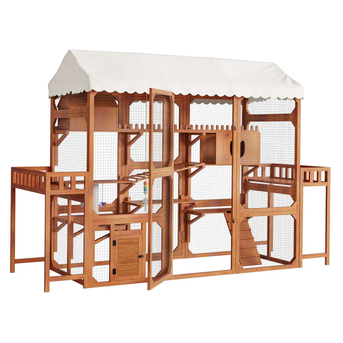 LuckyNote Large Outdoor Cat Enclosure, Wooden Catio with 2 Plant Stands, Multi-Level Cat Playpen with Weather-Resistant Roof & Wire Mesh for Backyard Patio