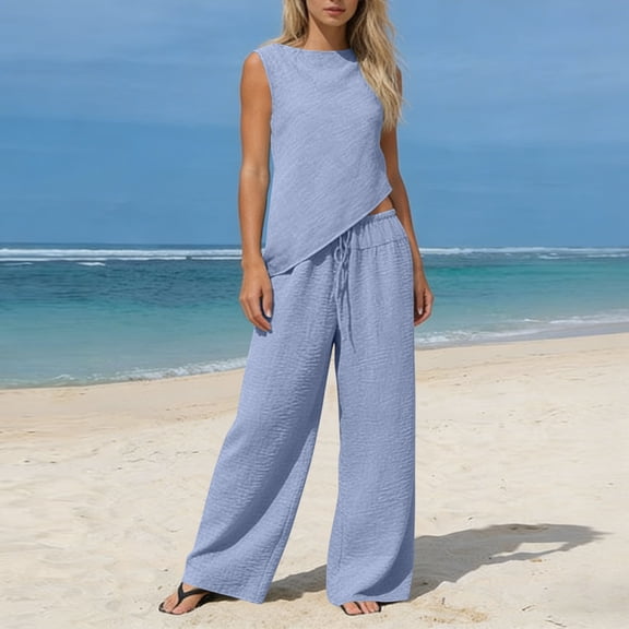 Gamivast 2 Piece Outfits for Women Summer Linen Texture Asymmetric Tank Top & Wide Leg Pants Sets Casual Beach Vacation Wear Lounge Set Flowy