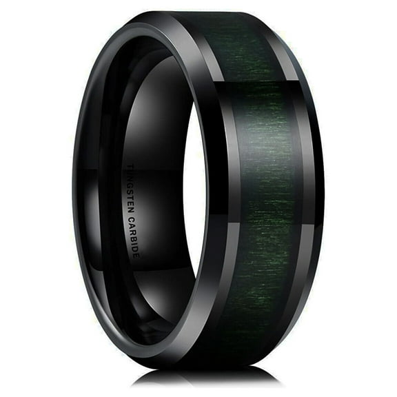 Wedding Rings For Men. 8mm Black Tungsten Band with Dark Green Wood Inlay