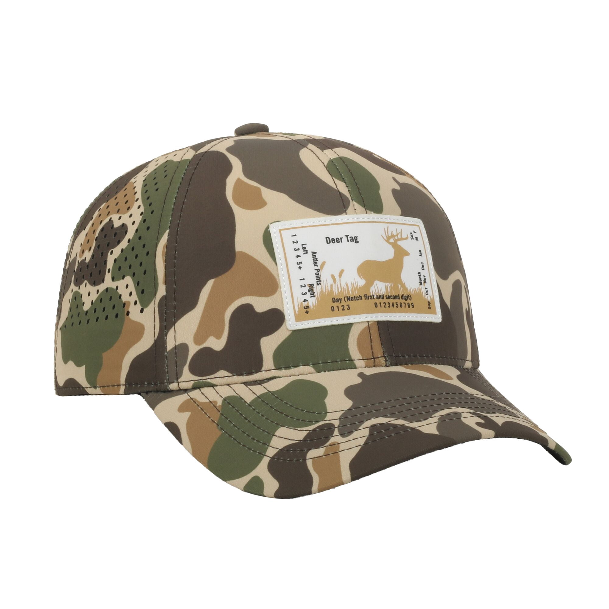 Outdoor Cap Deer Tag 6-Panel Structured Hat – Screen Print Patch, Woodland Camo with Perforated Back, One Size