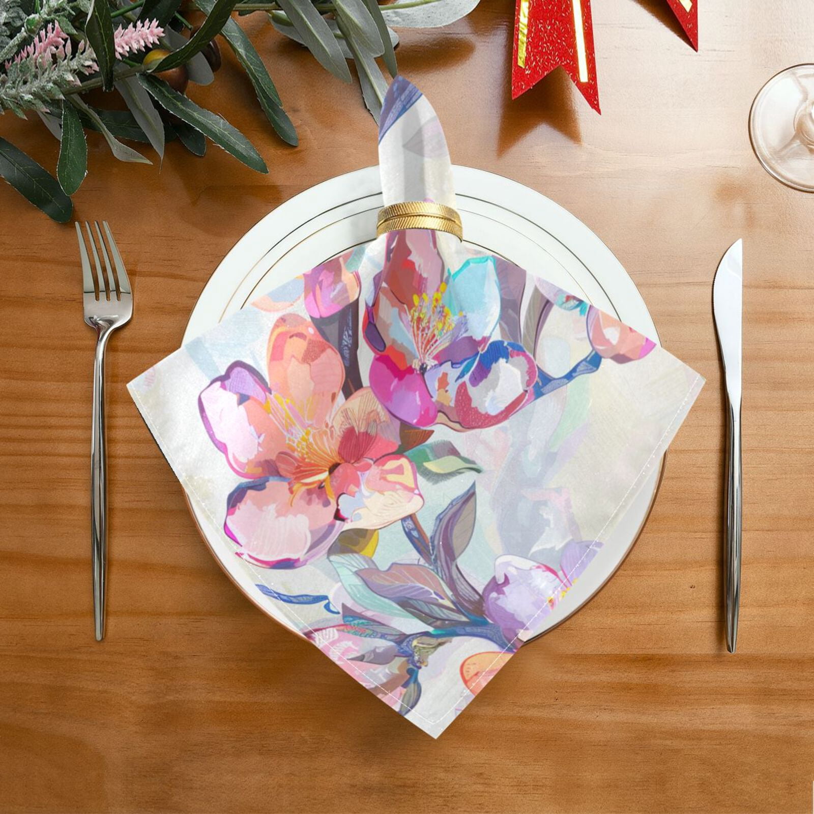 JSTEL Cherry Blossom Watercolor Cloth Napkins Set of 6, 20x20 Inch Washable and Reusable Napkin for Decoupage Dinner Party Everyday Use