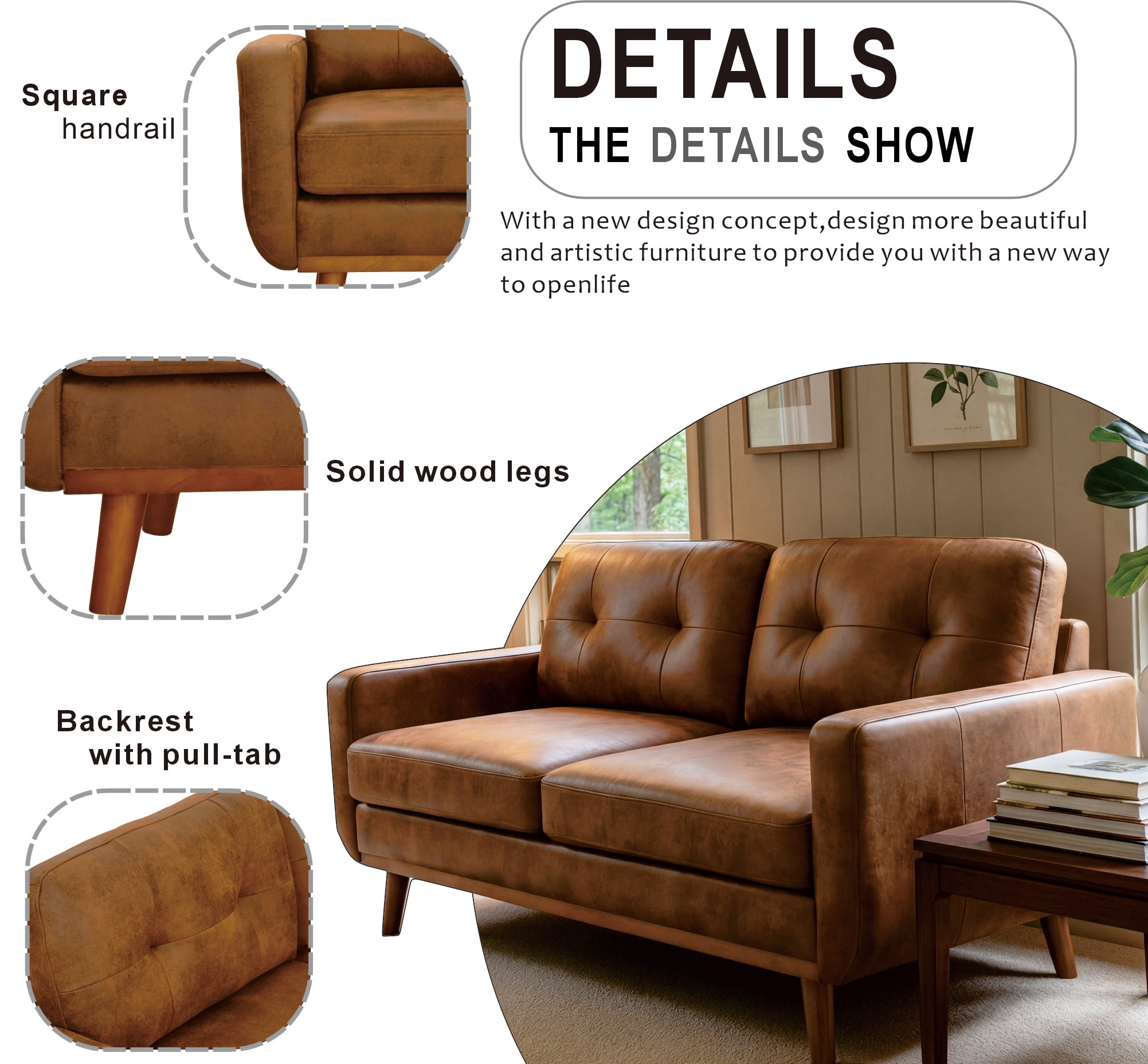 Leumius 65" Modern 2-Seater Sofa Upholstered Loveseat Sofa Couch with olid Wood Legs for Living Room,Apartment,Bedroom,Light Brown
