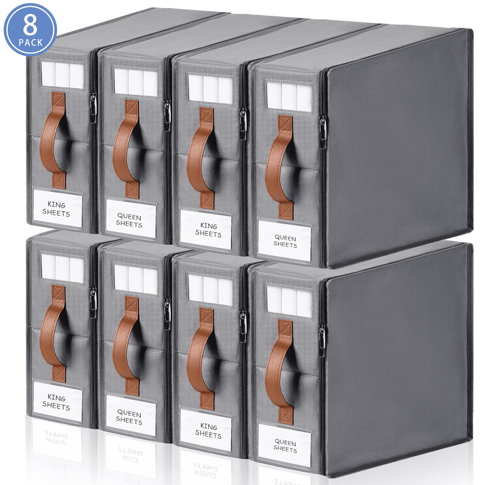 VOZOGO 8 Pack Bed Sheet Organizers and Storage,Sturdy Foldable Closet Storage Containers with Window and Label,Bedding Holder for Sheet Set (King/Queen Sizes),Duvet Covers,Blankets,Grey