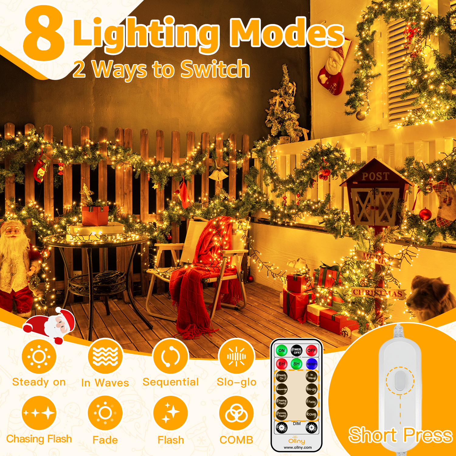 Ollny 20ft 400 LED Cluster Lights, 8 Lighting Modes with Remote Control Waterproof Indoor Outdoor Christmas Cluster Lights for Decorations