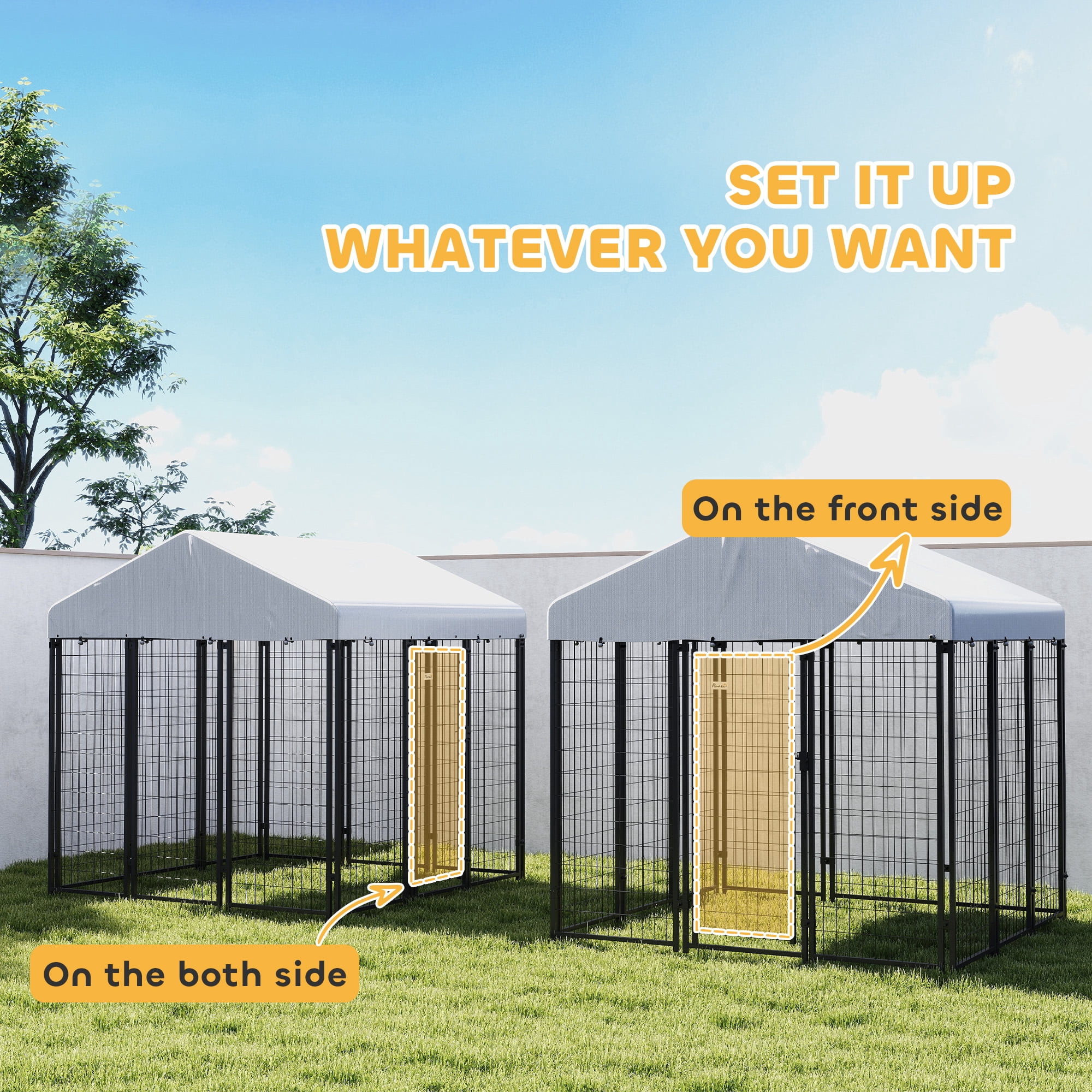 PawHut Outdoor Dog Kennel with Roof, Welded Wire Dog Playpen Enclosure with Escape-proof Lock, UV-Resistant & Waterproof Cover, 6' x 6' x 6', Silver