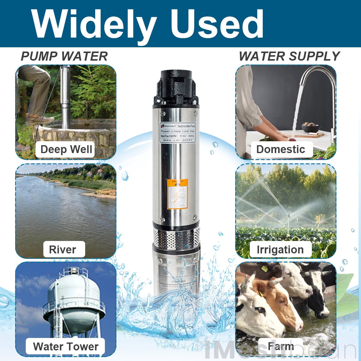 iMeshbean Deep Submersible Well Pump 1HP 33GPM 207ft Head with 33ft Electric Cable,220V 1.25" NPT Submersible Well Pump 4" Stainless Steel Water Pumps for Industrial, Irrigation and Home Use