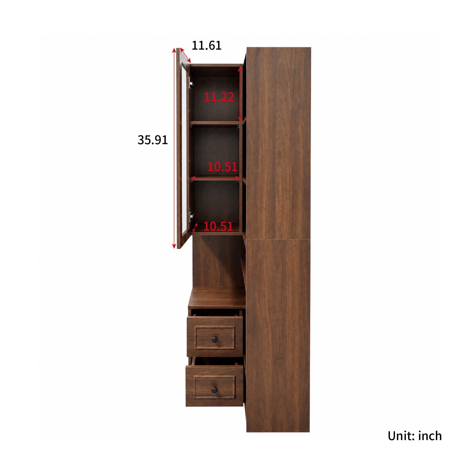 71" Tall Corner Bookshelf with Arched Glass Door, 6-Tier Bookcase with 2 Drawers