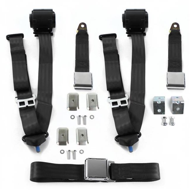 VW Type 3 Squareback Airplane 3 Point Black Retractable Bench Seat Belt Kit with Bracketry - 3 Belts