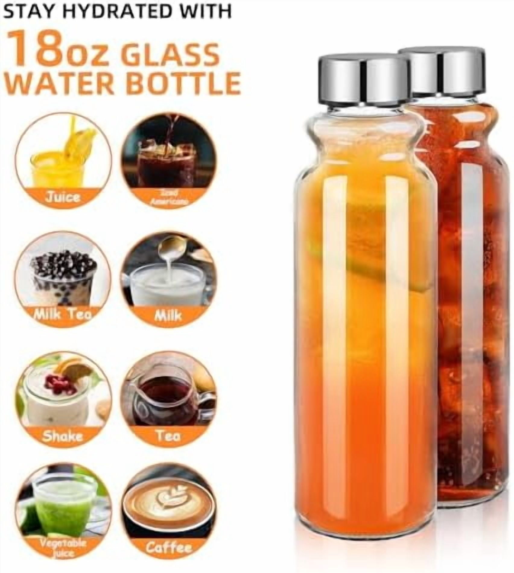 Glass Water Bottles Set of 6, 18 oz, Reusable Water Bottle with Lids, LeakProof Juice Bottles, BPA Free, Container Bottle for Refrigerator, Suitable for Beverage, Milk, Soda