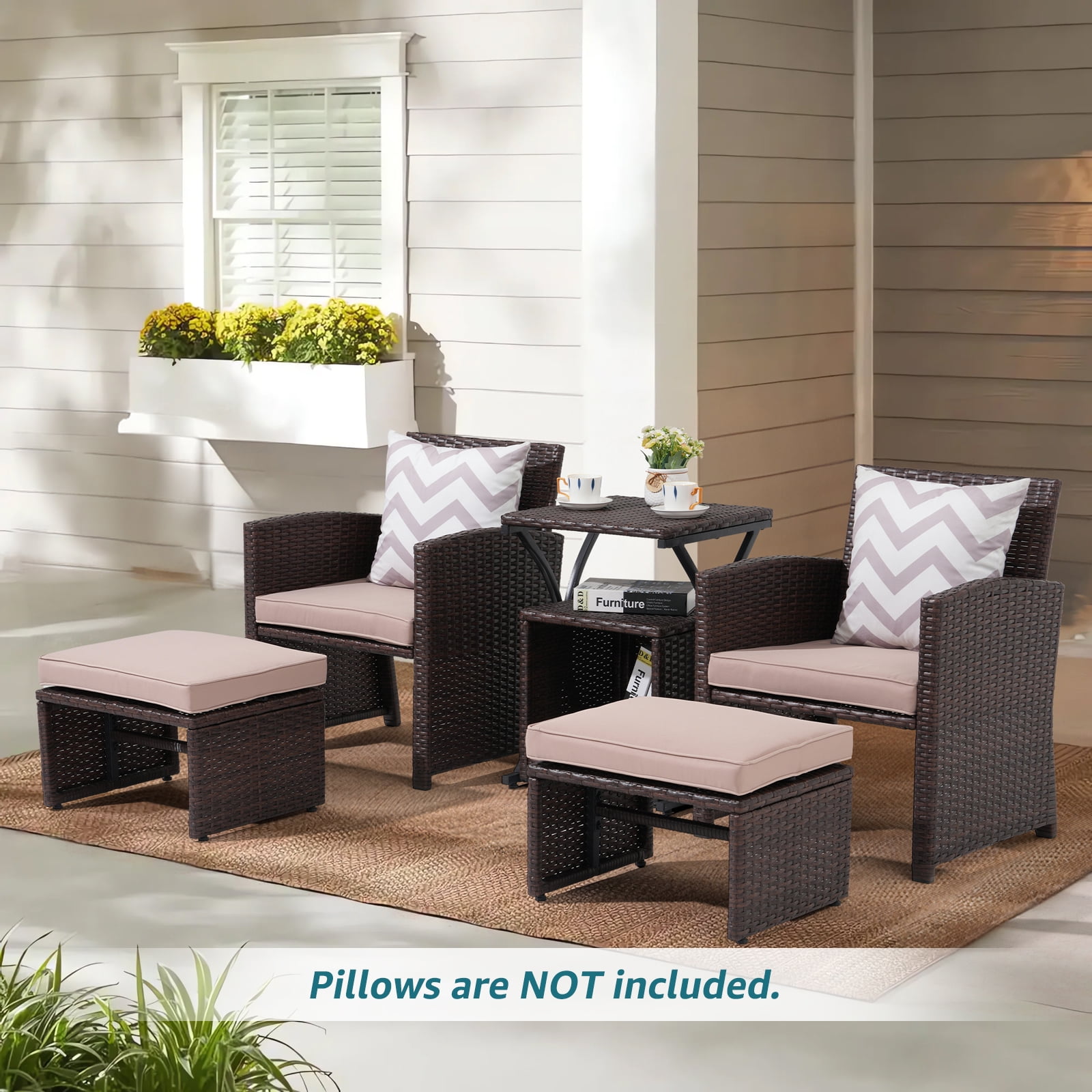 JOIVI 6 Piece Patio Wicker Furniture Set, Rattan Outdoor Chairs, with Beige Cushioned Ottoman, Resin Nesting Table, Modern Design, Beige & Brown