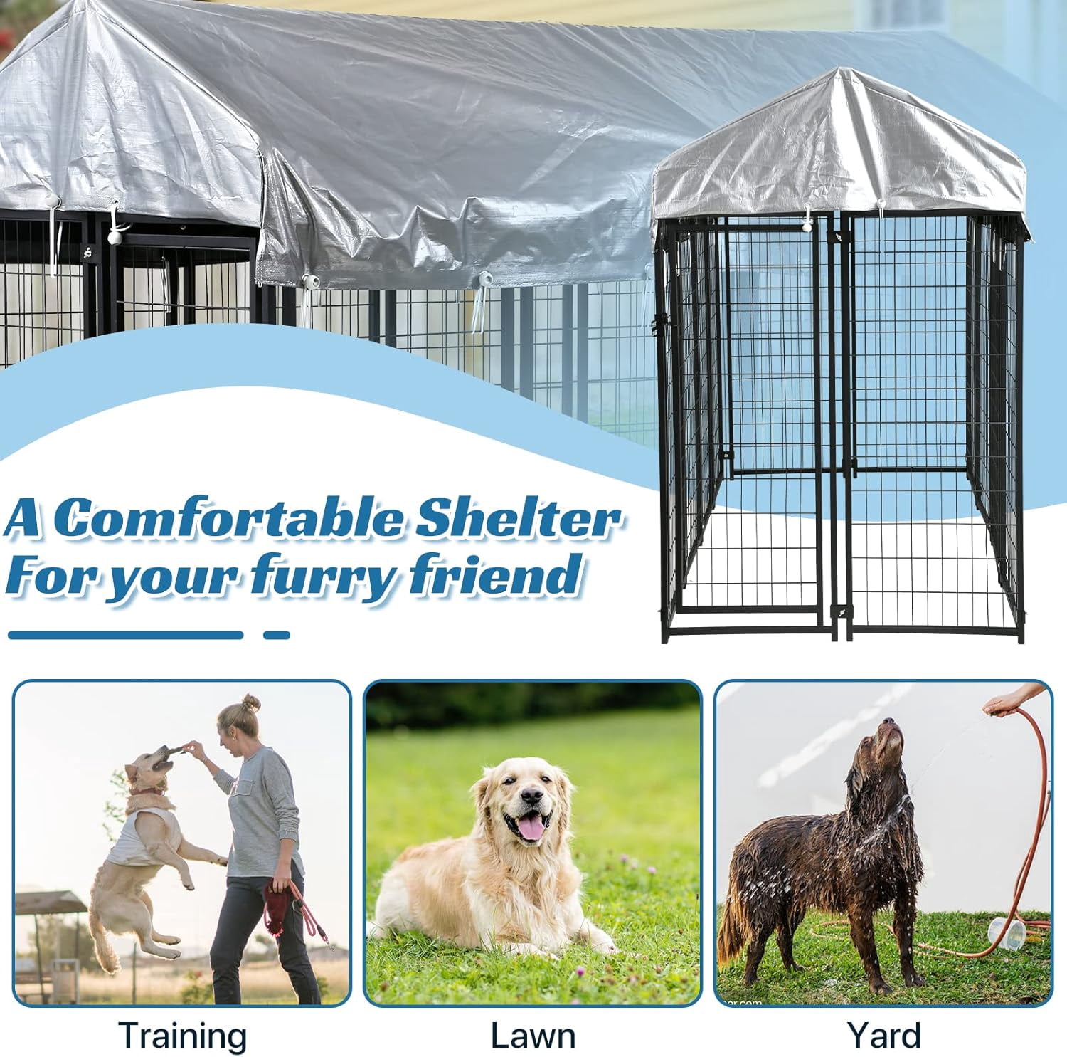 Dkelincs Large Dog Kennel 8'L x 4'W x 6'H Heavy Duty Outdoor Dog Crate Cage with Roof and Waterproof Cover, Black