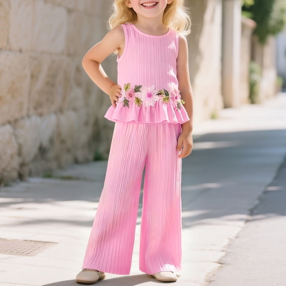 ITSAME Girls Outfit 2-Piece, Floral Embroidery Ruffle Tank Top and Loose Pants Summer Fashion Casual Set Pink Size 5-6T