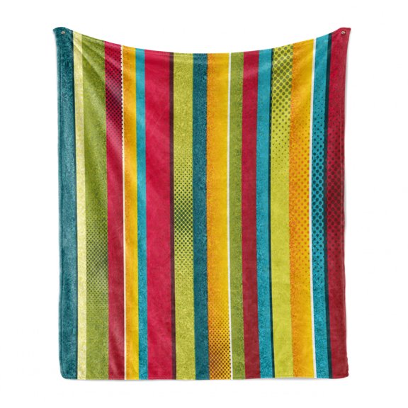 Vintage Rainbow Soft Flannel Fleece Blanket, Ragged Aged Vertical Stripes with Retro Halftone Effects Dirty Grained Look, Cozy Plush for Indoor and Outdoor Use, 60" x 80", Multicolor, by Ambesonne