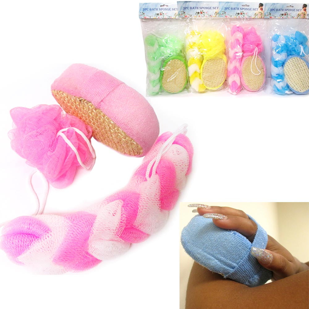 3pc Set Bath Shower Sponge Set Loofah Back Strap Exfoliating Body Brush Scrubber 